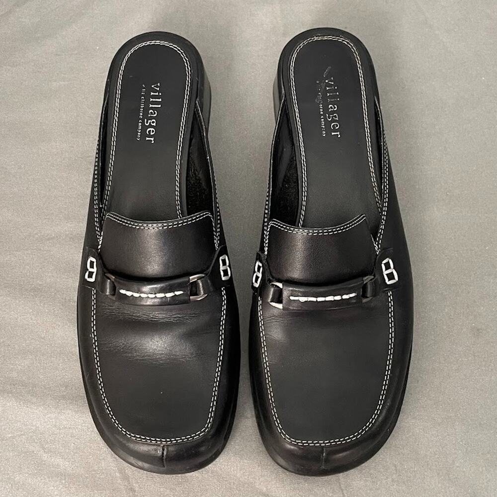 Vintage Villager Y2K Size Black Leather Mules Shoes Old Money Luxury Lush Classy